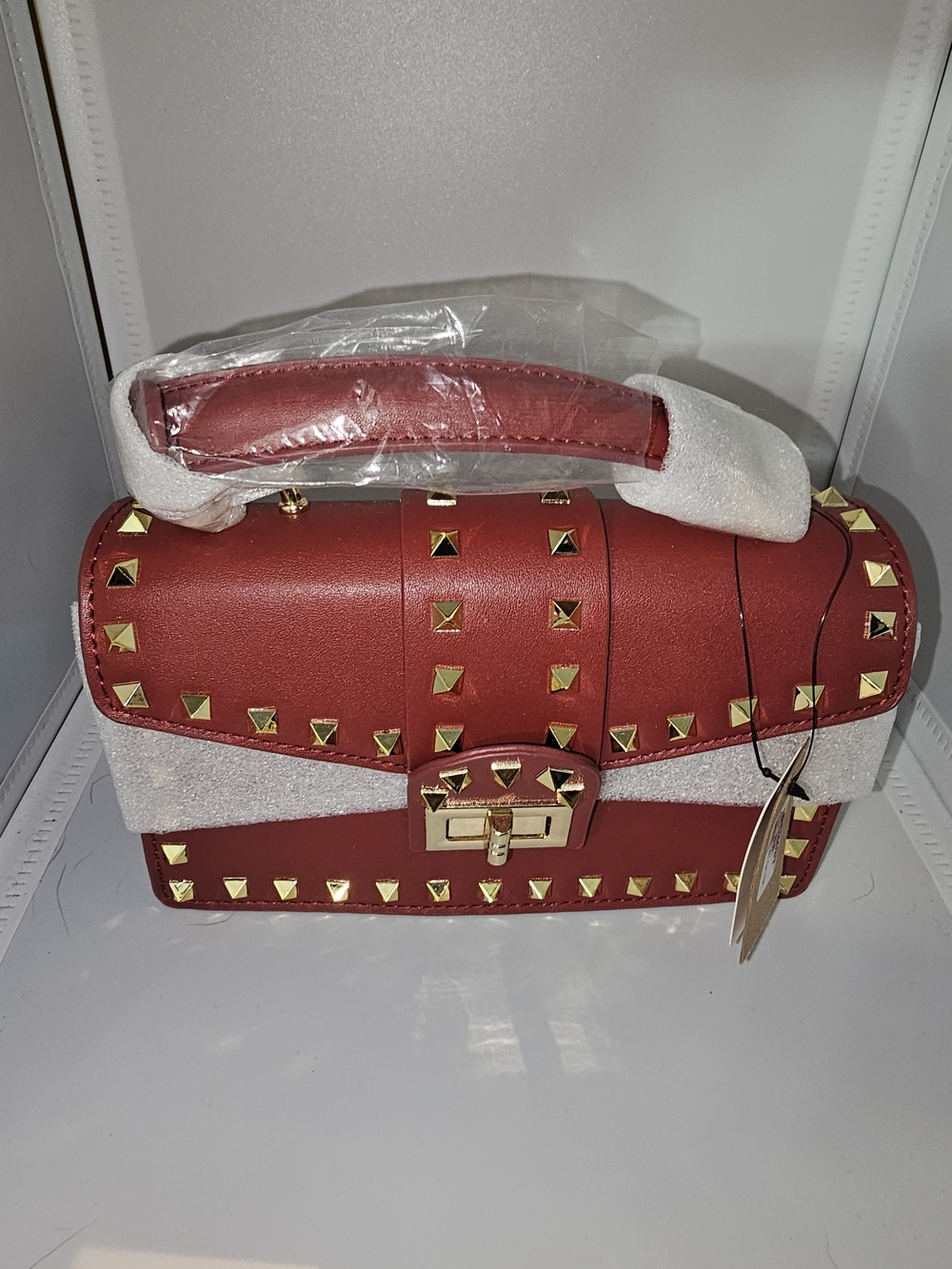Red Studded Top-Handle Satchel with Gold Hardware